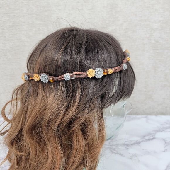 Brown Floral Headband Crown with Blue Flowers Hippie Boho Festival - Picture 9 of 10
